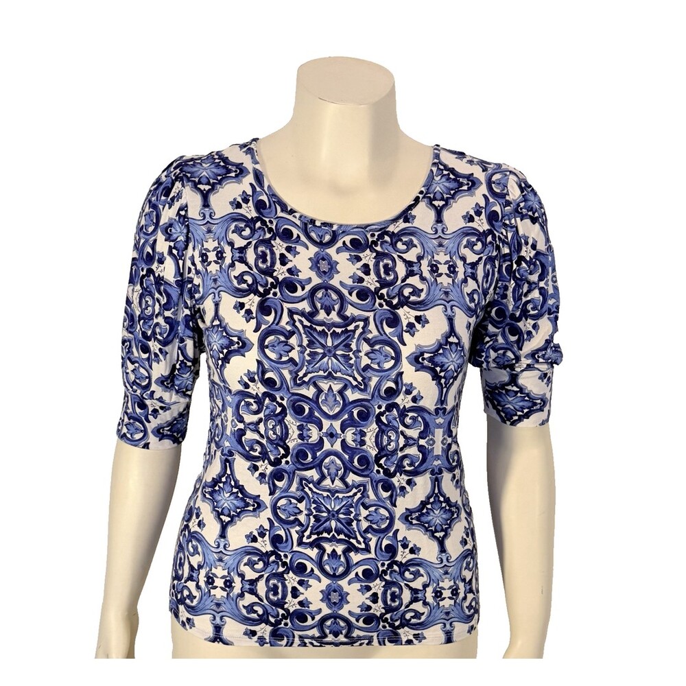 Sunny Leigh Blouse Women's S Blue Greek Tile Scoop Neck Short Bubble Sleeve